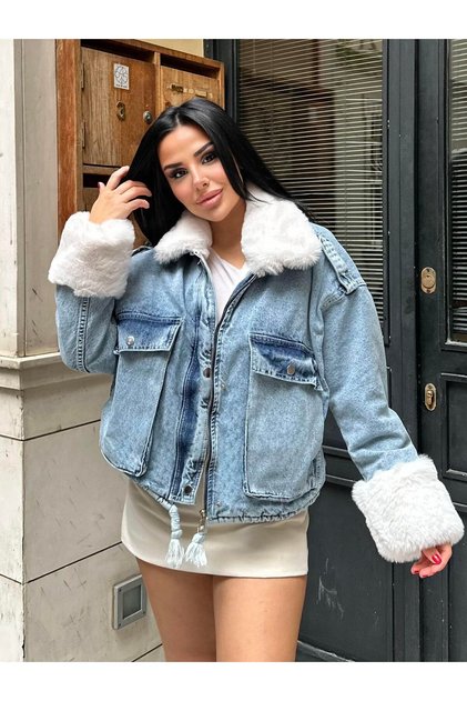 Nossa Denim-Jacke mit Pelzbesatz