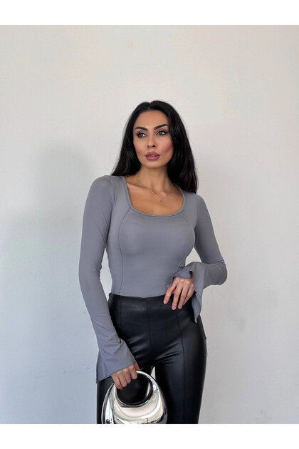 Women's Grey Long Sleeve Tie Back Fit Cut Crop Blouse Hzl25W-Fry122771