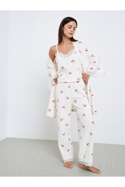 Pack of 3 - Cherry Print Lace Trim Fleece Rib Cami, Pyjama and Robe