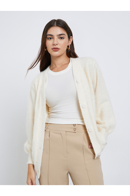 Off White Regular Fit Fuzzy Yarn Cardigan