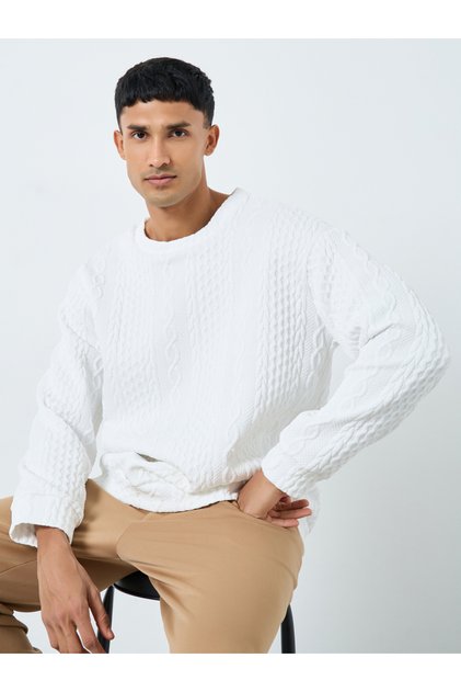Men White Cable Knit Relaxed Fit Sweater