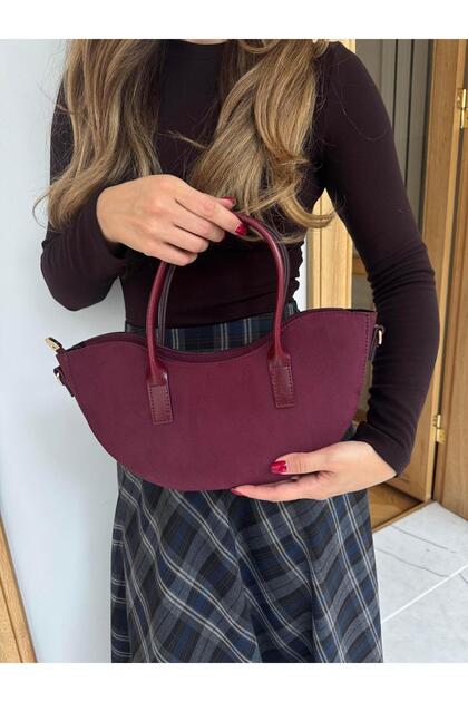 Oval Cut Nubuck Zipper Closure Hand and Shoulder Bag Burgundy