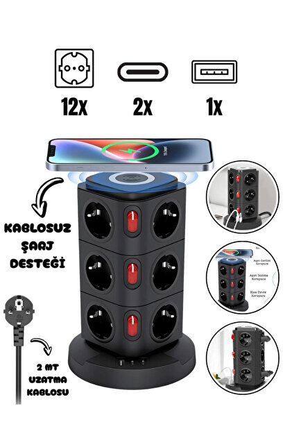 MATECHNO Akım Korumalı Priz Kablosuz Şarj İstasyonu 12xSoket 1xUSB