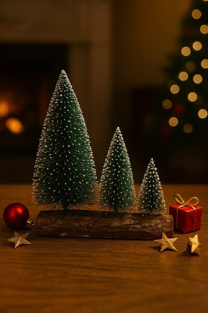 3-Piece Mini Snow Effect Christmas Tree Set – Decorative Mini Pine Trees on Wooden Stumps (16 – 1