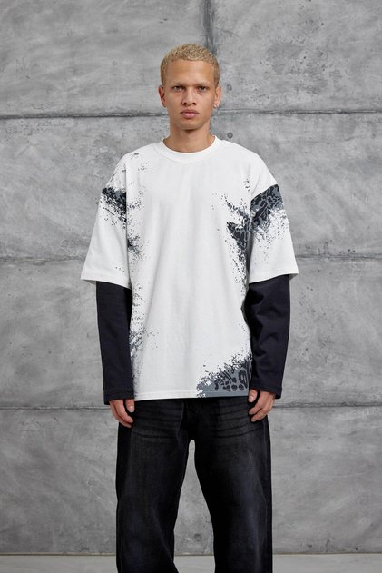 Men's Sweatshirt Patterned Sleeves White Oversize Crew Neck 3 Thread Without Piping