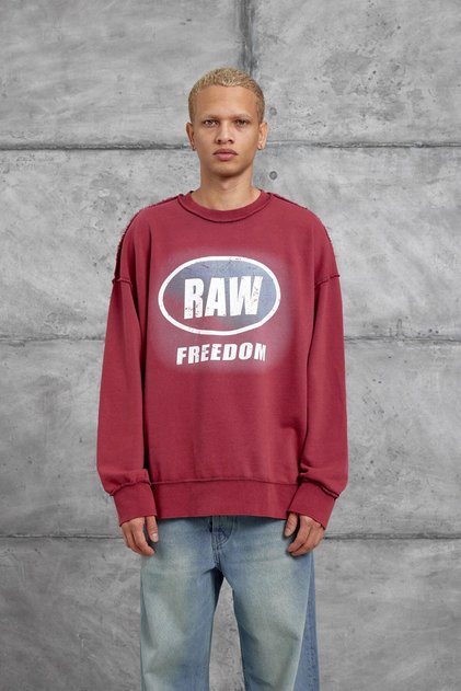 Men's Sweatshirt Raw Red Oversize Printed Crew Neck 3 Thread Without Thread