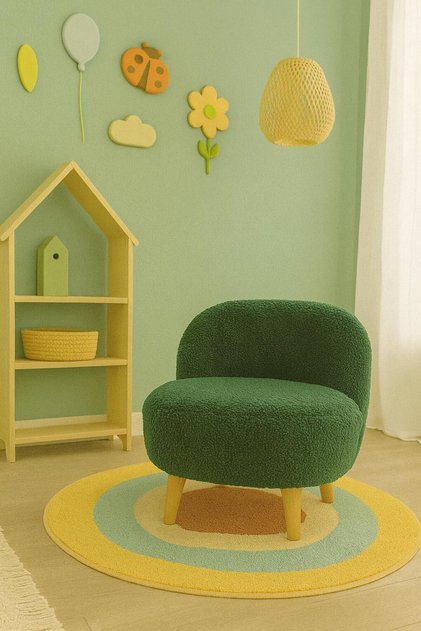Teddy Yumuşak Peluş Kumaş Haki Renginde Rahat Çocuk Koltuğu Doğal Ahşap Gürgen Ayaklı