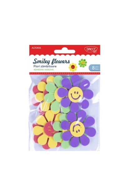 Set de 8 flori zâmbitoare, 6 cm, spumă autoadezivă, diverse culori