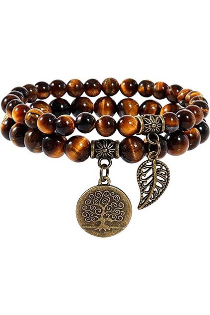 Natural Tiger Eye Stone Bracelet Handmade Energy Balancing Tree of Life and Leaf Charm De