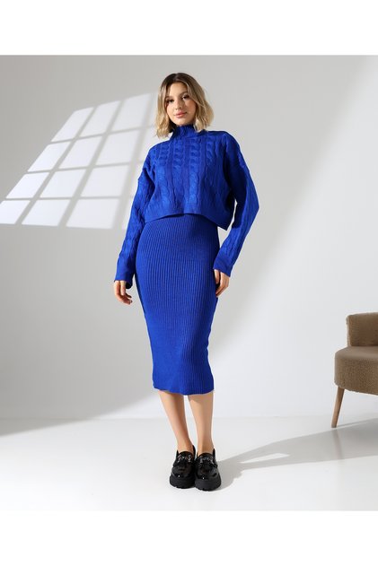 Women's Long Dress with Inner Straps Crop Set Knitwear Set Address of Elegance