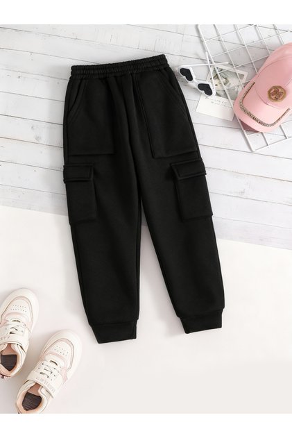 Black Solid Cargo Joggers with Pockets