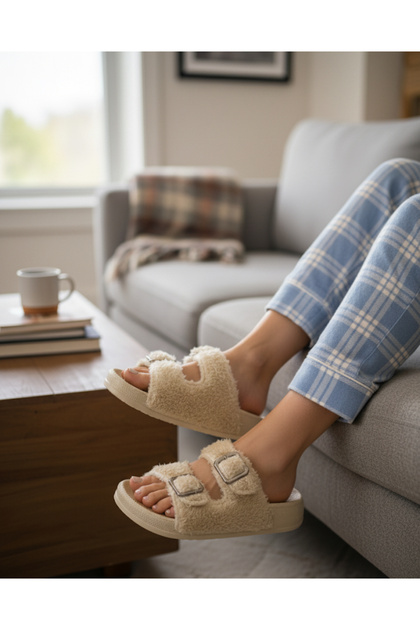 Buckled Fur Women's Slippers. Winter Fur Fabric Women's Slippers. Winter Slippers