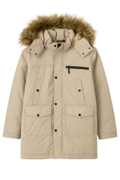 Men's Beige Coat Fur Hooded Sports Coat Fleece Inside Coat