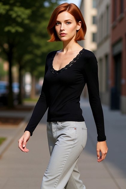Women's V-Neck Long Sleeve Lace Detailed Stretchy Knitted Quality Stylish Comfortable Modern Elegant Casual