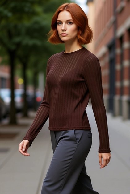 Women's Fitted Crew Neck Long Sleeve Knitwear Look Knitted Blouse Cool and Comfortable for Daily Use