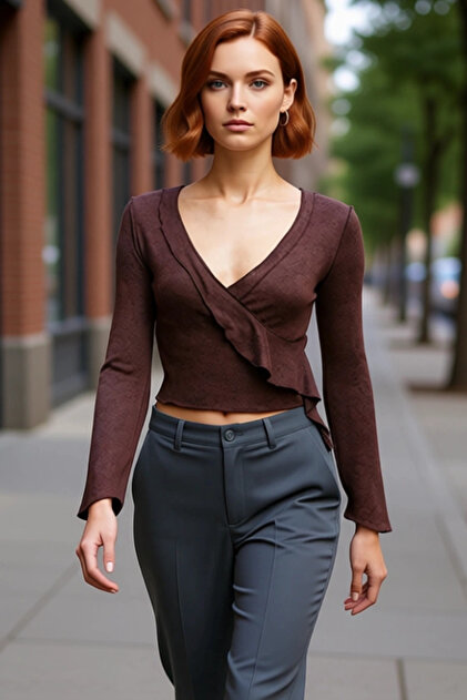 Women's Wrap Knitwear Look Spanish Sleeve Blouse Crop Cut and V-Neck for Everyday Wear