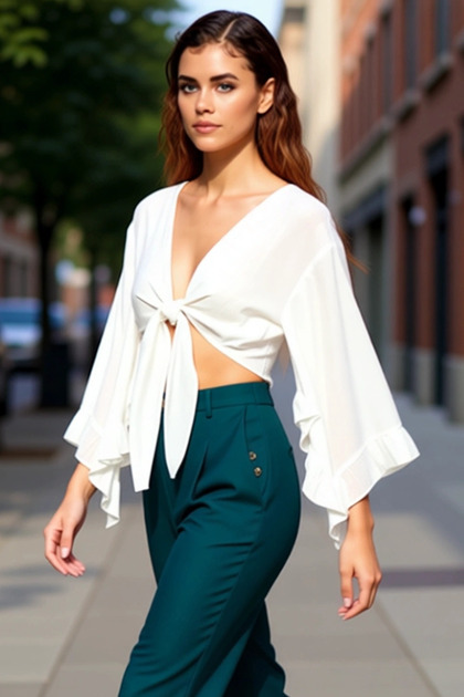 Women's V-Neck Spanish Sleeve Super Crop Woven Beachwear a Stylish and Spacious Summer Combination with a Blouse