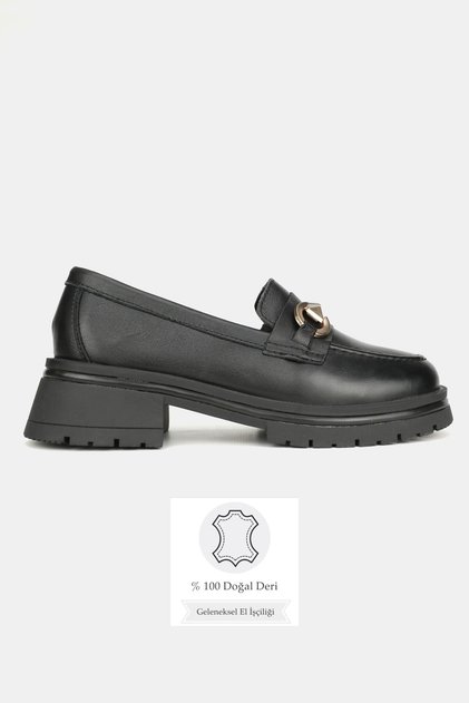 Women's Black Genuine Natural Leather Size 36-41 Buckle Thick Heel Loafer Shoes