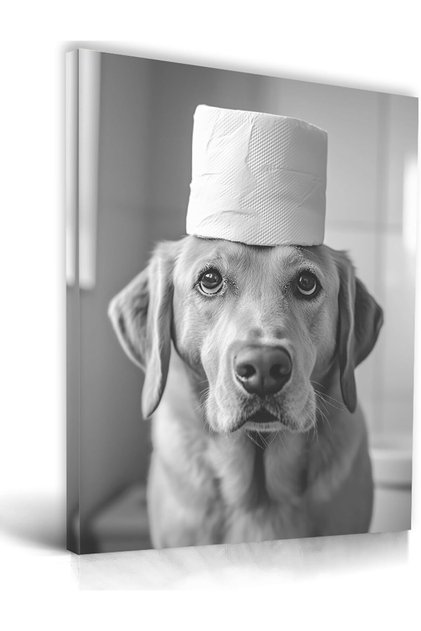 Black & White Dog Bathroom Wall Art (30x40 cm, Framed) – Funny Labrador Canvas Print