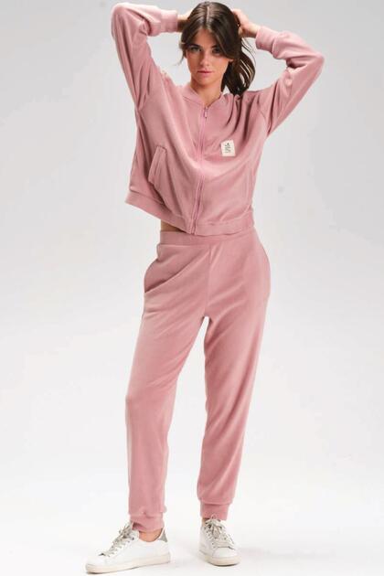 Women's Long Sleeve Zippered Pocket Elastic Leg Pink Fleece Tracksuit Set C6T2N1
