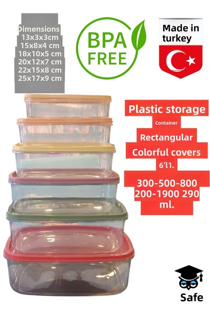 Plastic Storage Container Rectangular Colored Lids 6 Pieces 300-500-800-1200-1900-2900 ml