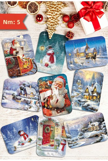 9-Piece Glittering New Year Postcard Set New Year 9-Piece Snowman Santa Claus Nostalgia