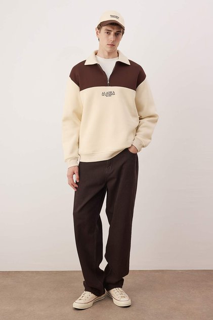 Brown-Beige Oversize/Wide Cut Color Block Fleece/Liner Warm Sweatshirt Tmnaw24Sw00130