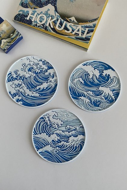 立浪 記念ボード Good To Glow Hokusai Kabartmalı Büyük Dalga İlhamlı Bardak Altlığı