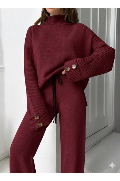 YENİ SEZON Dik Yaka Düğme Detaylı Oversize Kazak-Pantolon Triko Alt Üst Takım 0034