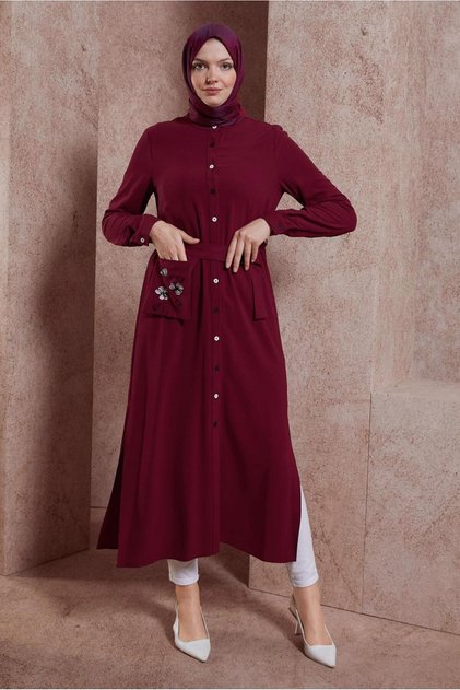 ÇİÇEK NAKIŞLI DÜĞMELİ KEMERLİ UZUN TUNİK 43732