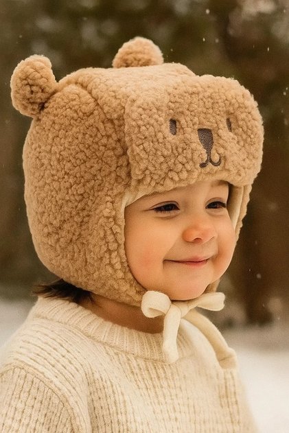 Ayıcıklı Peluş Bebek Şapkası, Kışlık Bağlamalı Bere, Kahverengi