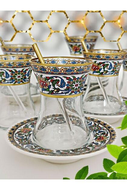 Gilded Botanical Patterned Tile-Design Thin-Waisted Glass Porcelain Plate 6-Person Tea Set