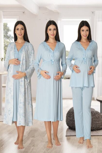 Zerre Bebe Women's Blue Long Sleeve Pajamas Set Nightgown Dressing Gown Maternity Pregnant 4 Pieces Set