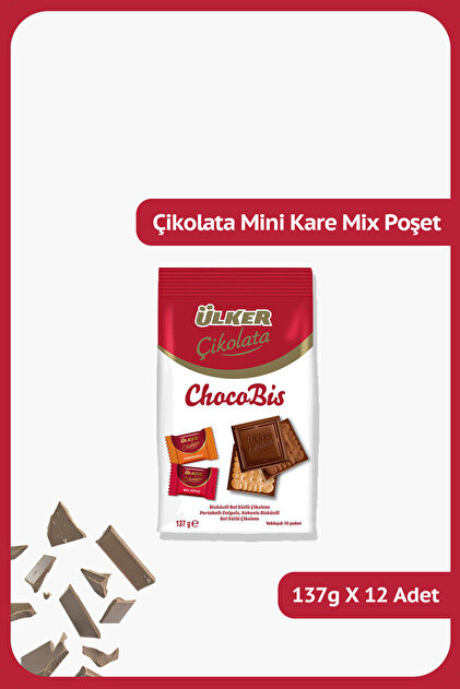 Ülker Mini Kare Çikolata Mix Poşet - ChocoBis - 137 gram - 12 Adet