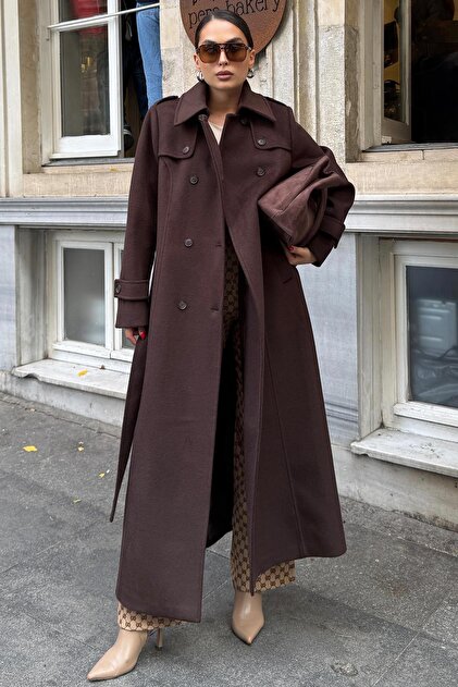 Olcay Double-Breasted Long Length Coat with Cape Detail Brown 3087