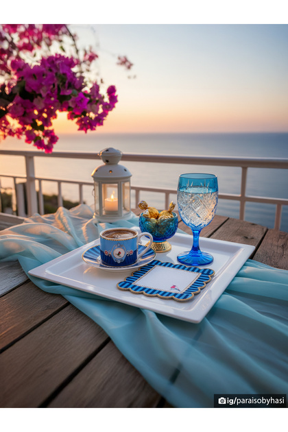 Decorative Blue Edge Bird Patterned Digital Printed Embroidered Cocktail Napkin 1 Piece