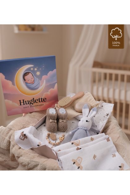 Winny - Yenidoğan Hediye Seti – Müslin Örtü + Örme Patik + Emzik Tutucu + El Örgüsü Amigurumi Oyuncak + Sabun Fırça Seti - Baby Gift