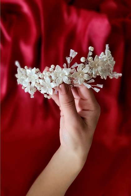 Bridal Crown Engagement Henna Maternity Promise Crown Cream Pearls Off-White Floral Hijab 35cm 5 Flowers Long