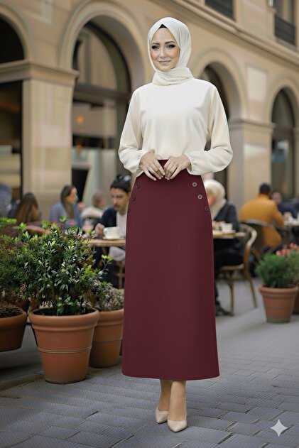 Burgundy High Waist Pencil Skirt Long Pocket Button Detail Women's Classic Business Meeting Office Skirt