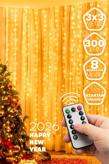 Perde Süsleme Ledi Perde Peri Led 3m X 3m (300CM X 300 CM) 300 Adet Led Işıklandırma Sarı