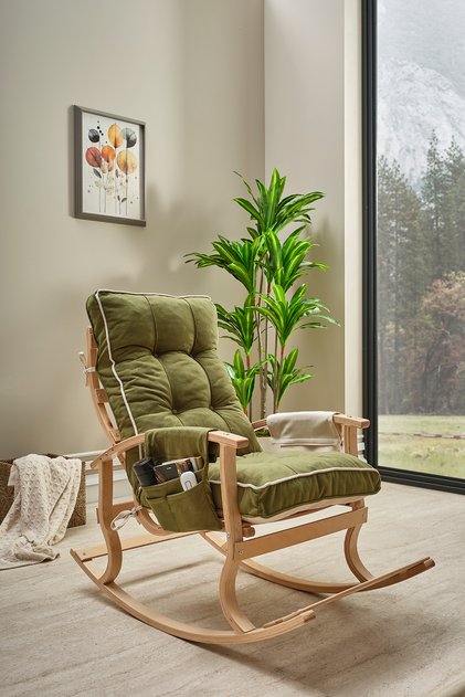 Relax Lüx Ahşap Çift Minderli Çift Cepli Sallanan Sandalye Çift Taraflı Sallanan Koltuk TV Koltuğu