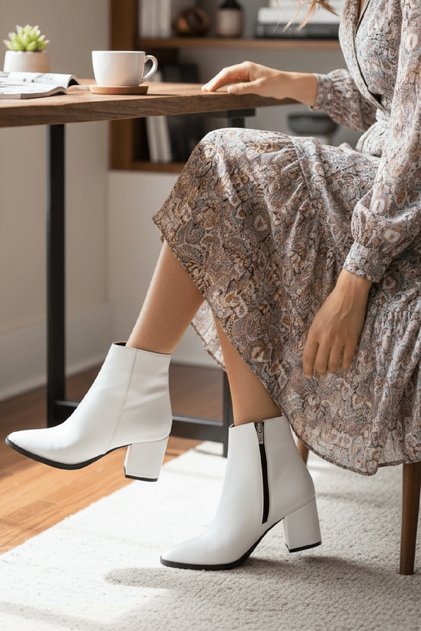 Asper White Leather (6cm) Heeled Daily Use Women's Boots