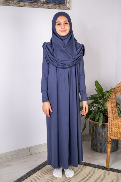 Practical One-Piece Children's Prayer Dress with Headscarf 8-12 Years - Navy Blue