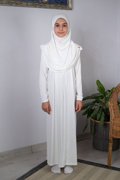 One-Piece Children's Prayer Dress with Practical Headscarf, Ages 8-12 - Cream