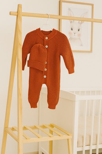 Wooden Button Detailed Winter Unisex Beret Knitwear Baby Romper (Sizes for 0-1 Year Old)
