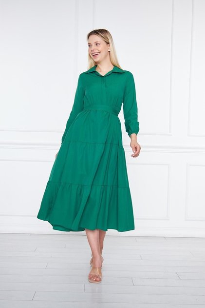 Women's Layered Shirt Collar Elegant Emerald Long Dress