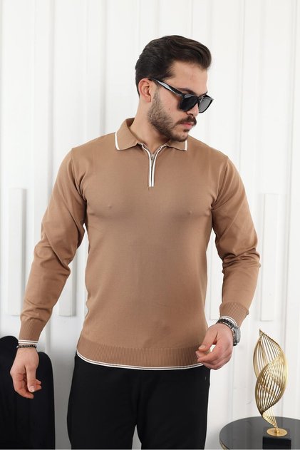 Zipper Collar Stripe Detailed Men's Sweater