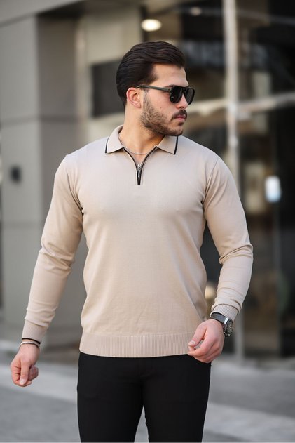 Zipper Collar Stripe Detailed Men's Sweater