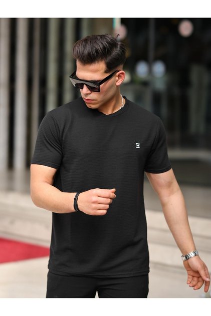 Men's Waffle Fabric Crew Neck Summer Black T-Shirt