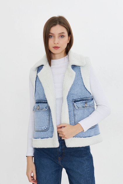 Kadın Kürklü Peluşlu Basic Kolsuz Buz Mavi Kot Yelek